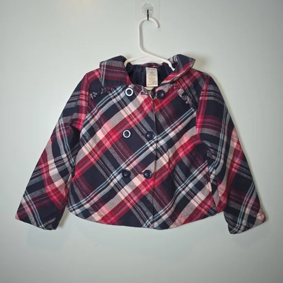 Gymboree Girls Red, Pink, Blue Plaid Kids Pea‎ Coat Size 5 - Picture 2 of 4